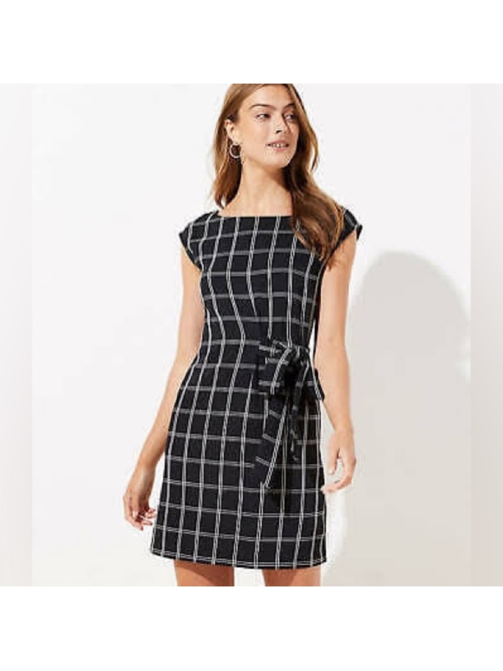 LOFT Black Windowpane Tie-Waist Mini Dress